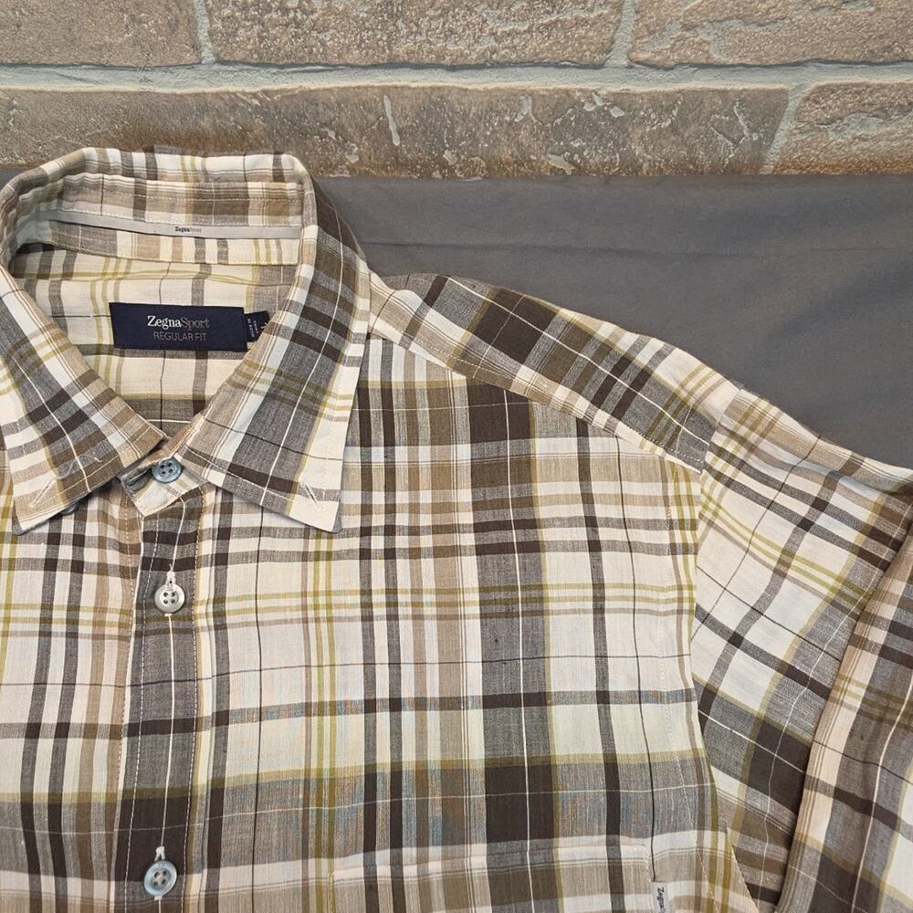 Ermenegildo Zegna Sport Shirt Button Up Gingham Plaid Blue Long Sleeve Men Sz L